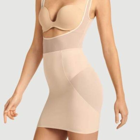 Item M6 Power Mesh Dress Open Bust apricot Shapewear Pullover Nude Compression